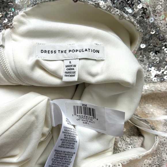 Dress the Population Zoe White Silver Sequin Deep V Cap Sleeve Dress Size Large - Picture 12 of 14